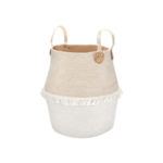 TAN AND WHITE WOVEN BASKET WITH LEATHER HANDLES