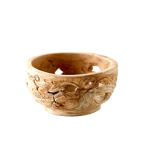 Carved teak wood serving bowl with floral motif